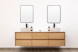 Custom made modern double sink floating bathroom vanity in oak wood, wall mounted and wall hung design, perfect for vessel sinks. Floating vanity with soft-close drawers. Quartz countertop not included.
