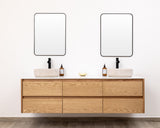 Custom made modern double sink floating bathroom vanity in oak wood, wall mounted and wall hung design, perfect for vessel sinks. Floating vanity with soft-close drawers. Quartz countertop not included.