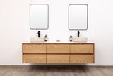Custom made modern double sink floating bathroom vanity in oak wood, wall mounted and wall hung design, perfect for vessel sinks. Floating vanity with soft-close drawers. Quartz countertop not included.