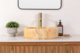Round honey onyx stone vessel sink, natural onyx bathroom sink with golden yellow veining, modern vessel sink.