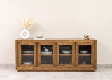 Oak wood sideboard credenza buffet cabinet with wood-framed glass doors and interior shelf, perfect for elegant dining room or living room storage.