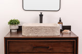 Rustic rectangular natural stone vessel sink, light gray-beige marble washbasin for bathroom vanities.