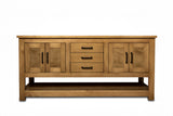 Double sink bathroom vanity in solid pine wood, handcrafted farmhouse style with soft-close drawers and doors, freestanding solid wood vanity with countertop for vessel or undermount sink installation.