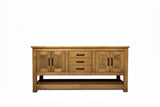 Double sink bathroom vanity in solid pine wood, handcrafted farmhouse style with soft-close drawers and doors, freestanding solid wood vanity with countertop for vessel or undermount sink installation.