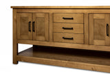 Double sink bathroom vanity in solid pine wood, handcrafted farmhouse style with soft-close drawers and doors, freestanding solid wood vanity with countertop for vessel or undermount sink installation.