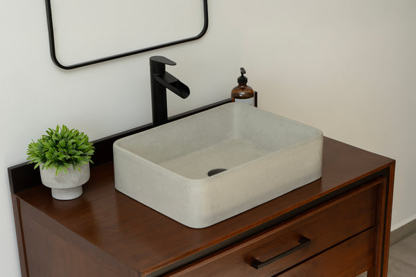 Rectangular concrete vessel sink made from GFRC with smooth finish – modern bathroom washbasin