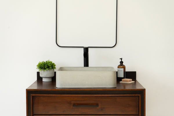 Rectangular concrete vessel sink made from GFRC with smooth finish – modern bathroom washbasin