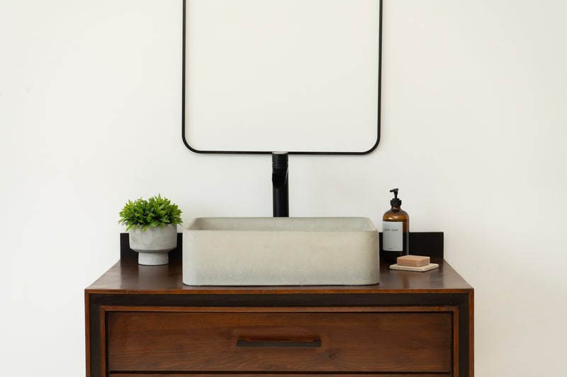 Rectangular concrete vessel sink made from GFRC with smooth finish – modern bathroom washbasin