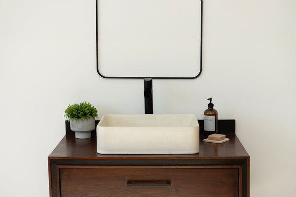 Rectangular concrete vessel sink made from GFRC with smooth finish – modern bathroom washbasin