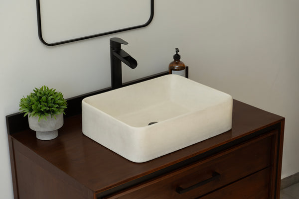 Rectangular concrete vessel sink made from GFRC with smooth finish – modern bathroom washbasin