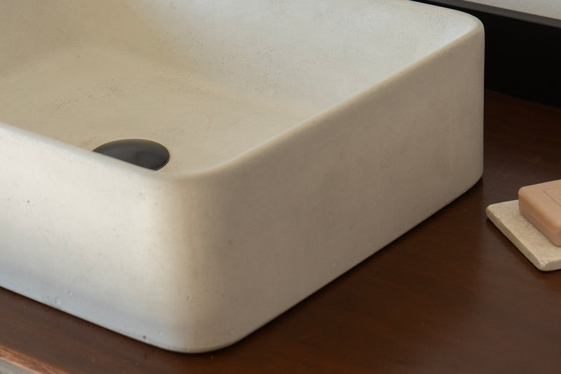 Rectangular concrete vessel sink made from GFRC with smooth finish – modern bathroom washbasin