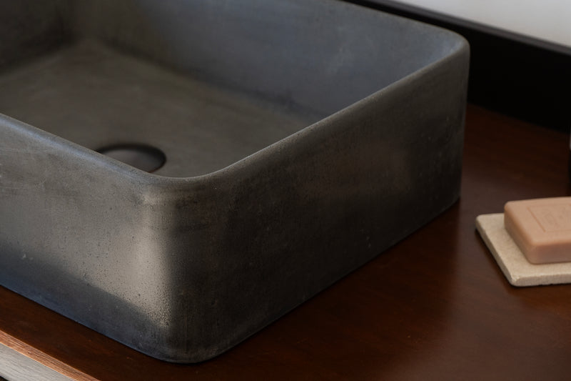 Rectangular concrete vessel sink made from GFRC with smooth finish – modern bathroom washbasin