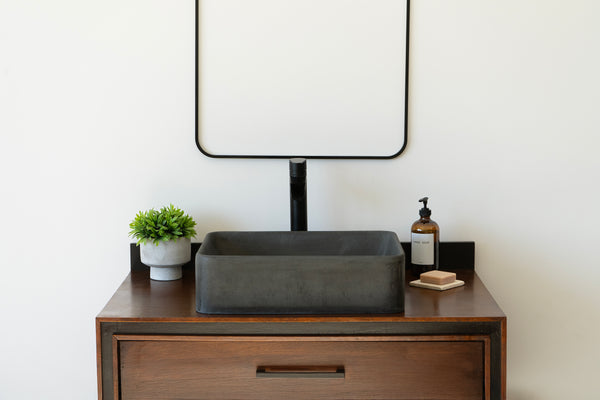 Rectangular concrete vessel sink made from GFRC with smooth finish – modern bathroom washbasin