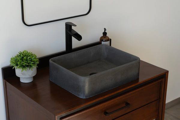 Rectangular concrete vessel sink made from GFRC with smooth finish – modern bathroom washbasin