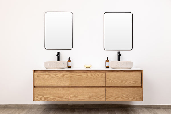 Custom made modern double sink floating bathroom vanity in oak wood, wall mounted and wall hung design, perfect for vessel sinks. Floating vanity with soft-close drawers. Quartz countertop not included.