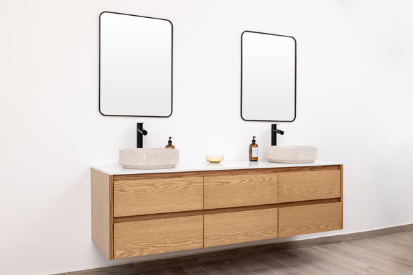 Custom made modern double sink floating bathroom vanity in oak wood, wall mounted and wall hung design, perfect for vessel sinks. Floating vanity with soft-close drawers. Quartz countertop not included.