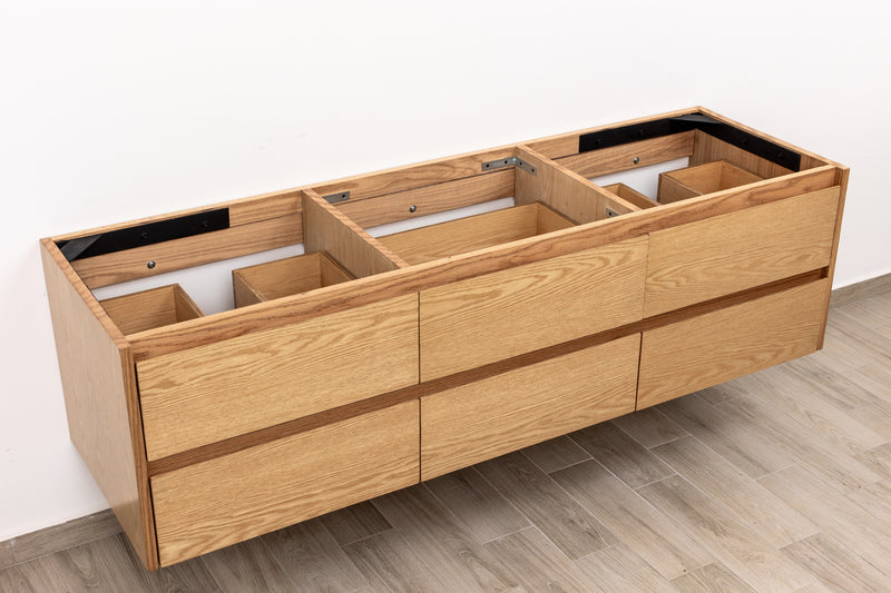 Custom made modern double sink floating bathroom vanity in oak wood, wall mounted and wall hung design, perfect for vessel sinks. Floating vanity with soft-close drawers. Quartz countertop not included.