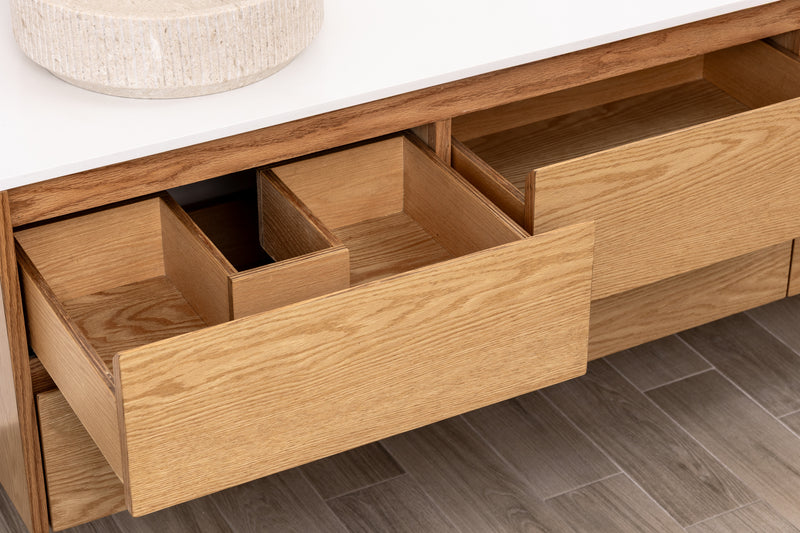 Modern double sink floating bathroom vanity made of oak wood with white quartz cCustom made modern double sink floating bathroom vanity in oak wood, wall mounted and wall hung design, perfect for vessel sinks. Floating vanity with soft-close drawers. Quartz countertop not included.ountertop, wall-mounted design for vessel sink installation.