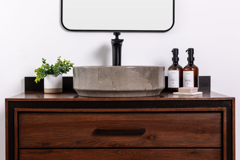 Stone vessel bathroom sink, gray marble