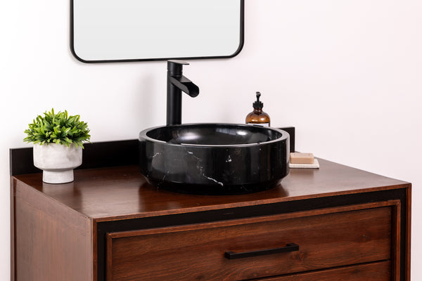 Natural Stone Vessel Bathroom Sink, Black Marble