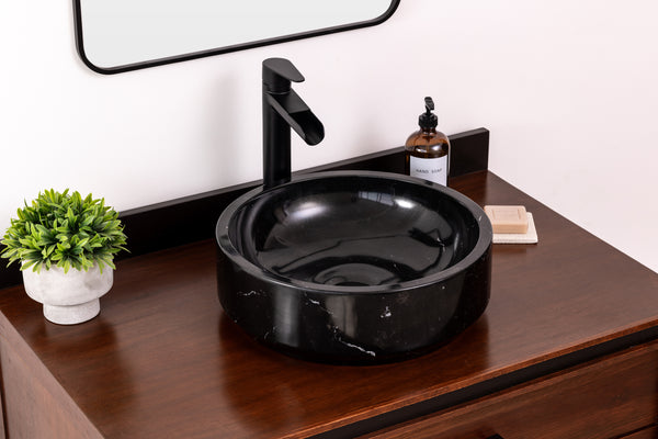 Natural Stone Vessel Bathroom Sink, Black Marble