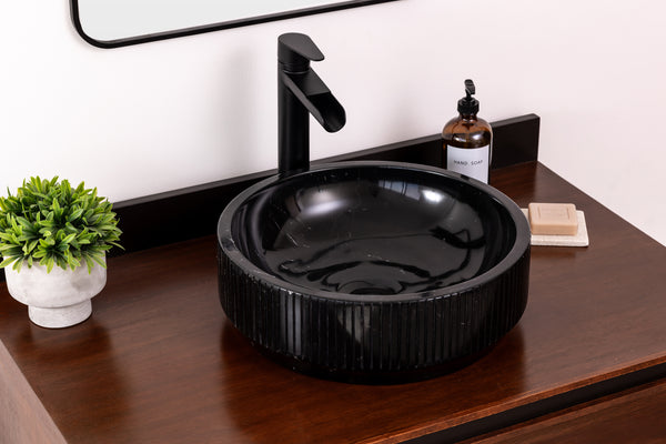 Natural stone vessel bathroom sink, black marble