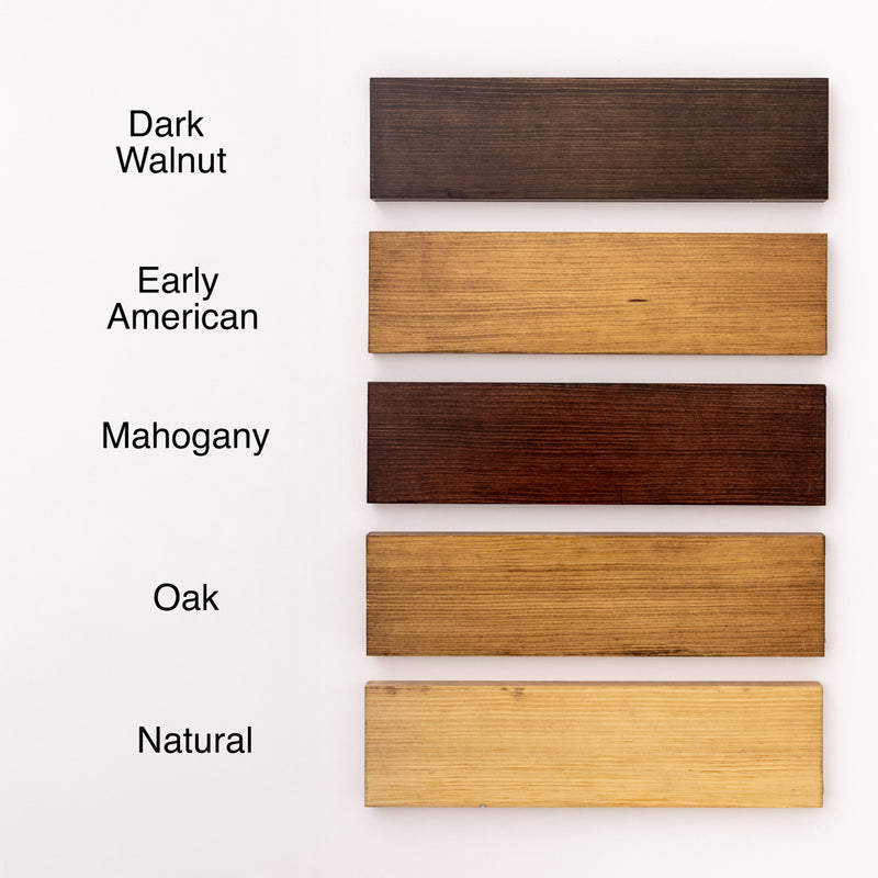 Five wooden planks in different finishes labeled 'Dark Walnut', 'Early American', 'Mahogany', 'Oak', and 'Natural' on a white background.