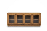 Oak wood sideboard credenza buffet cabinet with wood-framed glass doors and interior shelf, perfect for elegant dining room or living room storage.