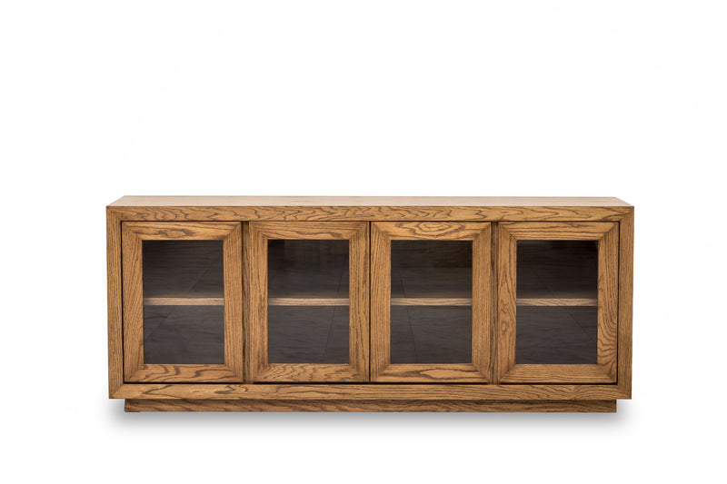 Oak wood sideboard credenza buffet cabinet with wood-framed glass doors and interior shelf, perfect for elegant dining room or living room storage.