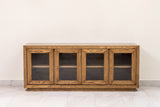 Oak wood sideboard credenza buffet cabinet with wood-framed glass doors and interior shelf, perfect for elegant dining room or living room storage.
