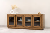 Oak wood sideboard credenza buffet cabinet with wood-framed glass doors and interior shelf, perfect for elegant dining room or living room storage.