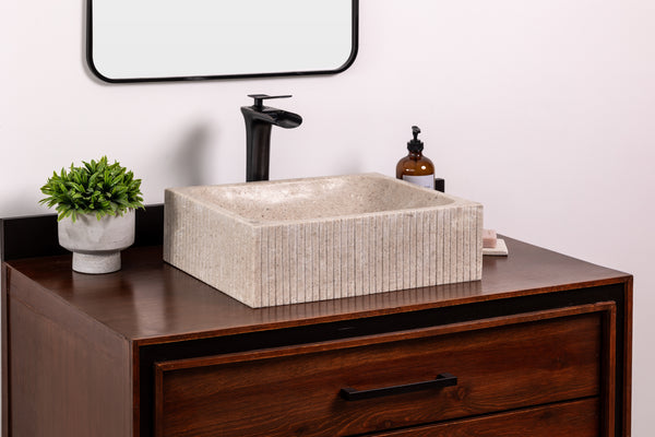 Natural Stone Vessel Bathroom Sink, Rectangular Fluted Marble