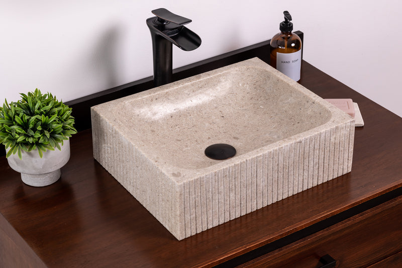 Natural Stone Vessel Bathroom Sink, Rectangular Fluted Marble