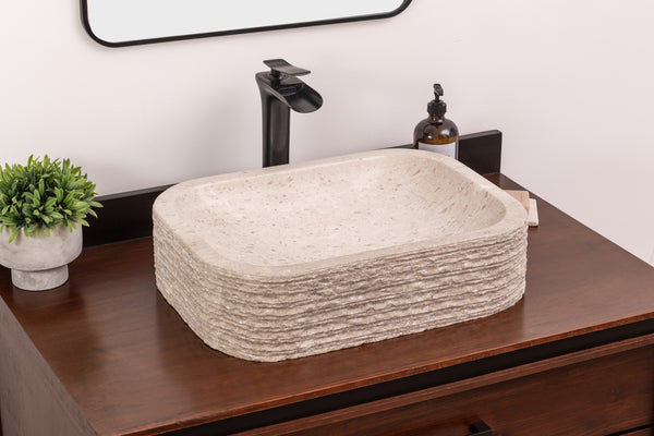 Rustic rectangular natural stone vessel sink, light gray-beige marble washbasin for bathroom vanities.