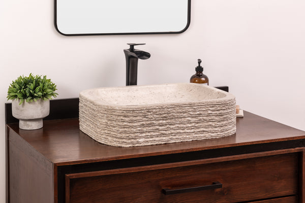 Rustic rectangular natural stone vessel sink, light gray-beige marble washbasin for bathroom vanities.