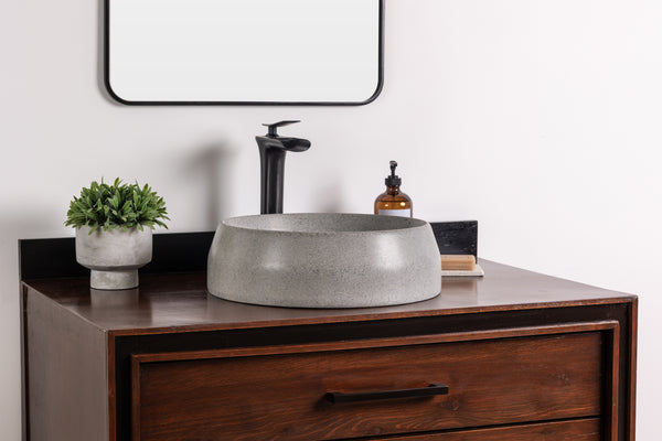 Round Stone Vessel Sink, Handmade GFRC Concrete Basin, Soft Gray Countertop Vanity Sink