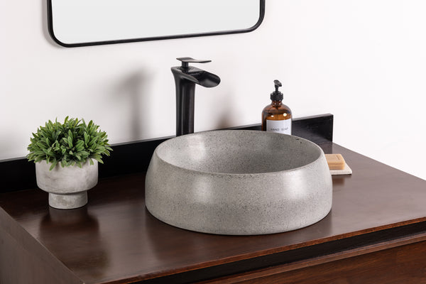 Round Stone Vessel Sink, Handmade GFRC Concrete Basin, Soft Gray Countertop Vanity Sink