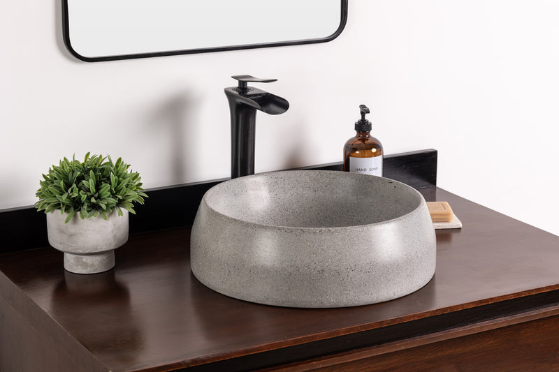 Round Stone Vessel Sink, Handmade GFRC Concrete Basin, Soft Gray Countertop Vanity Sink