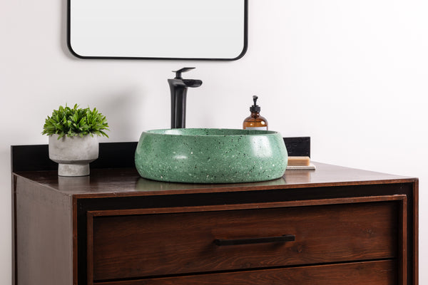 Handmade Round Stone Vessel Sink, GFRC Concrete Basin, Green Quartz Vanity Sink