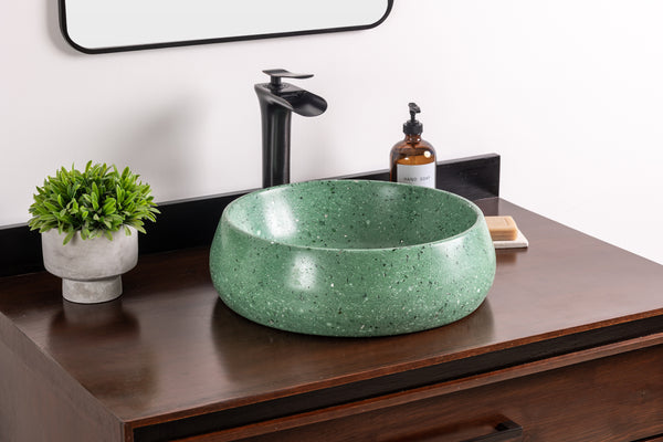 Handmade Round Stone Vessel Sink, GFRC Concrete Basin, Green Quartz Vanity Sink