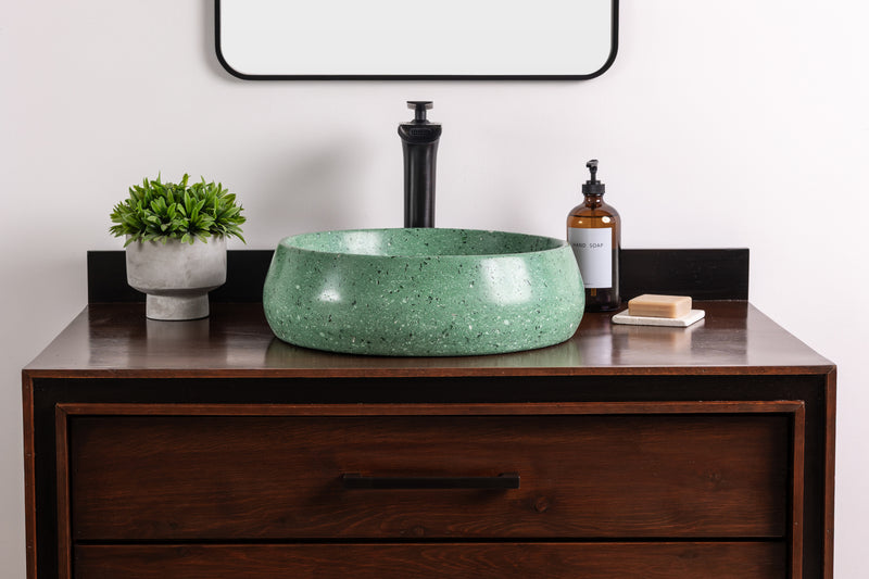 Handmade Round Stone Vessel Sink, GFRC Concrete Basin, Green Quartz Vanity Sink