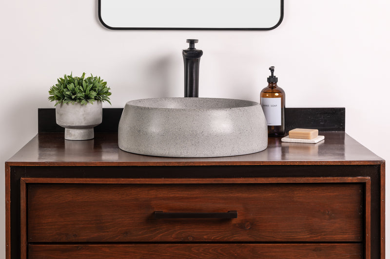 Round Stone Vessel Sink, Handmade GFRC Concrete Basin, Soft Gray Countertop Vanity Sink