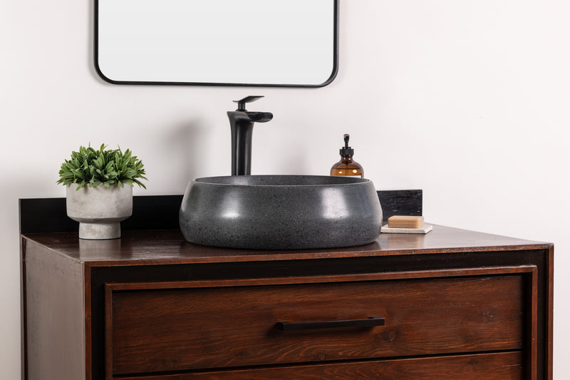 Handmade Round Stone Vessel Sink, GFRC Concrete Basin, Black Stone Vanity Sink