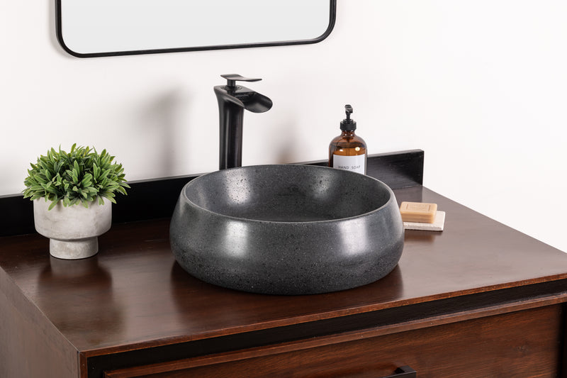 Handmade Round Stone Vessel Sink, GFRC Concrete Basin, Black Stone Vanity Sink