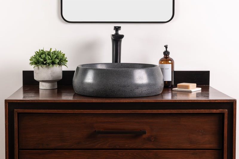 Handmade Round Stone Vessel Sink, GFRC Concrete Basin, Black Stone Vanity Sink