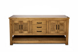Double sink bathroom vanity in solid pine wood, handcrafted farmhouse style with soft-close drawers and doors, freestanding solid wood vanity with countertop for vessel or undermount sink installation.