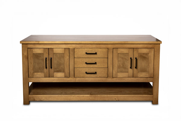 Double sink bathroom vanity in solid pine wood, handcrafted farmhouse style with soft-close drawers and doors, freestanding solid wood vanity with countertop for vessel or undermount sink installation.