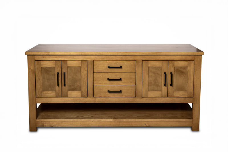 Double sink bathroom vanity in solid pine wood, handcrafted farmhouse style with soft-close drawers and doors, freestanding solid wood vanity with countertop for vessel or undermount sink installation.